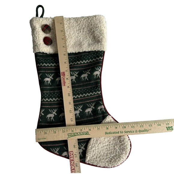 Christmas Stocking Hunter Green Fair Isle Sweater Style Deer Woodland Fuzzy - Picture 3 of 5